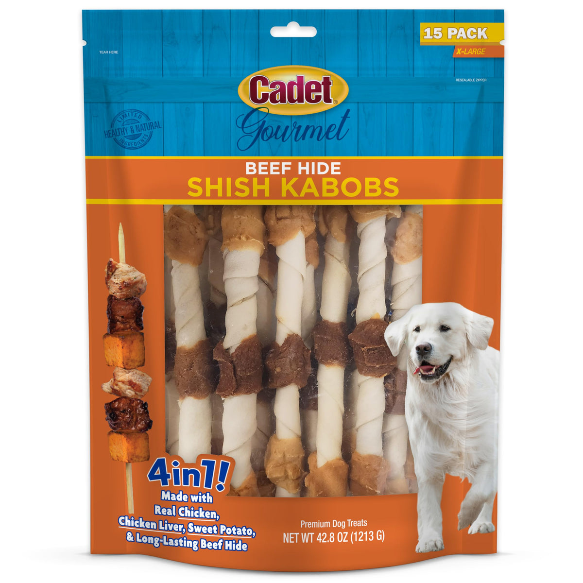 Cadet Gourmet X-Large beef hide kabobs for big dogs provide long-lasting chew.