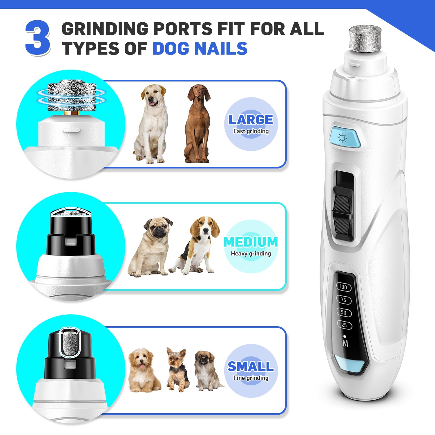 CADOLS nail grinder with two LED lights illuminating the nail bed for precise trimming.