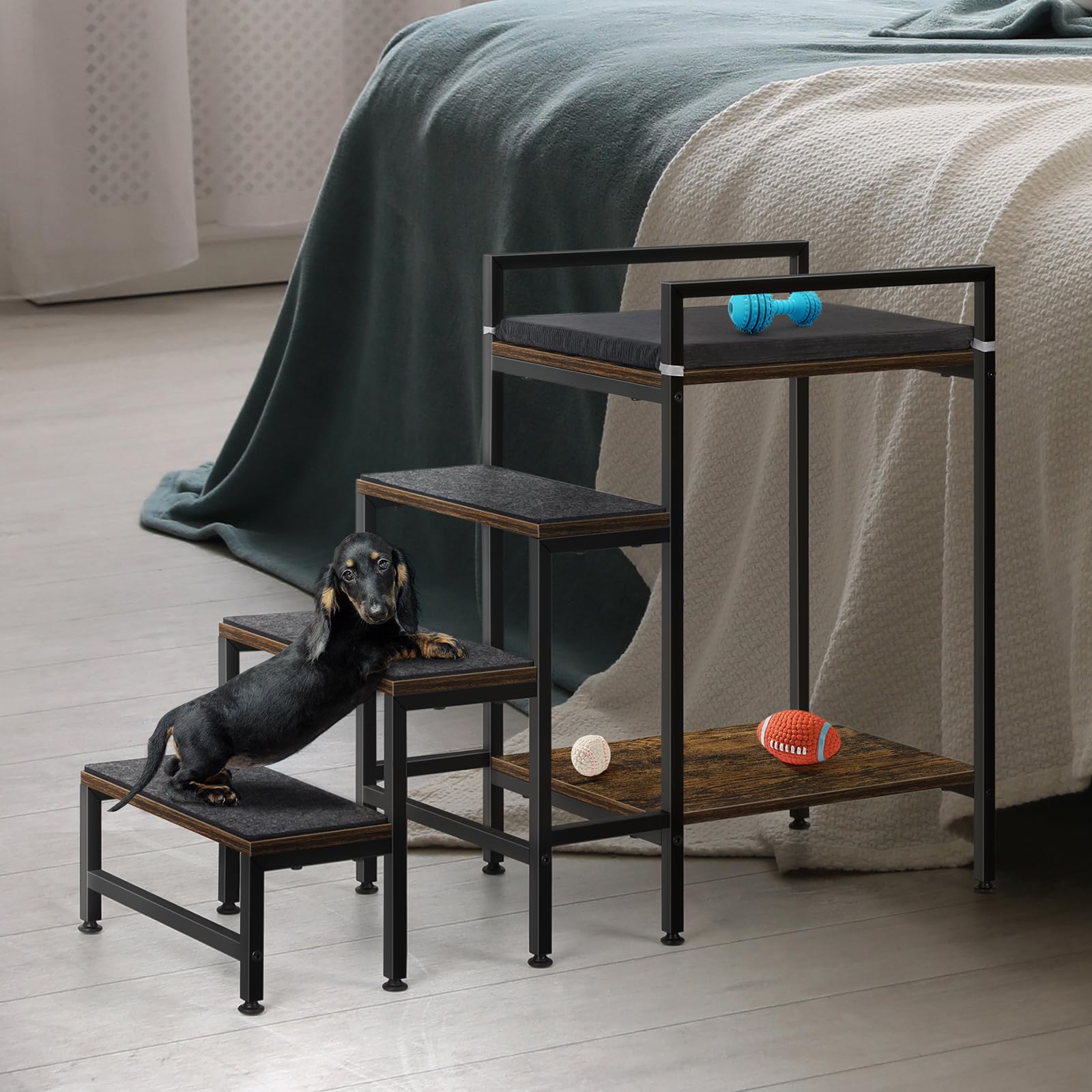CADUKE 4-step dog stairs close-up; sturdy frame supports small pets.