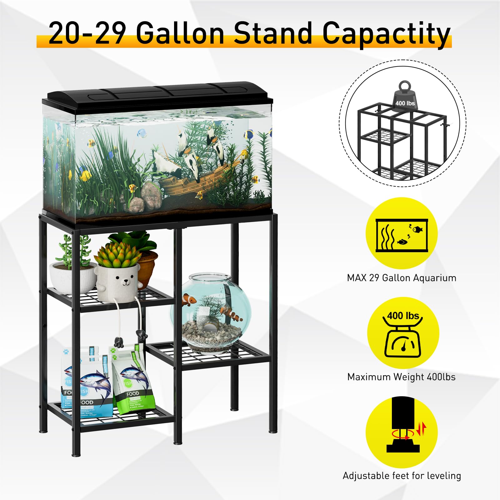 CADUKE aquarium stand side profile highlights adjustable anti-slip feet for floor protection