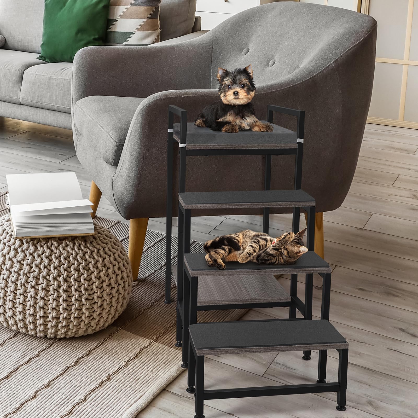 CADUKE Pet Window Perch with Stairs used on a high bed for climbing aid.