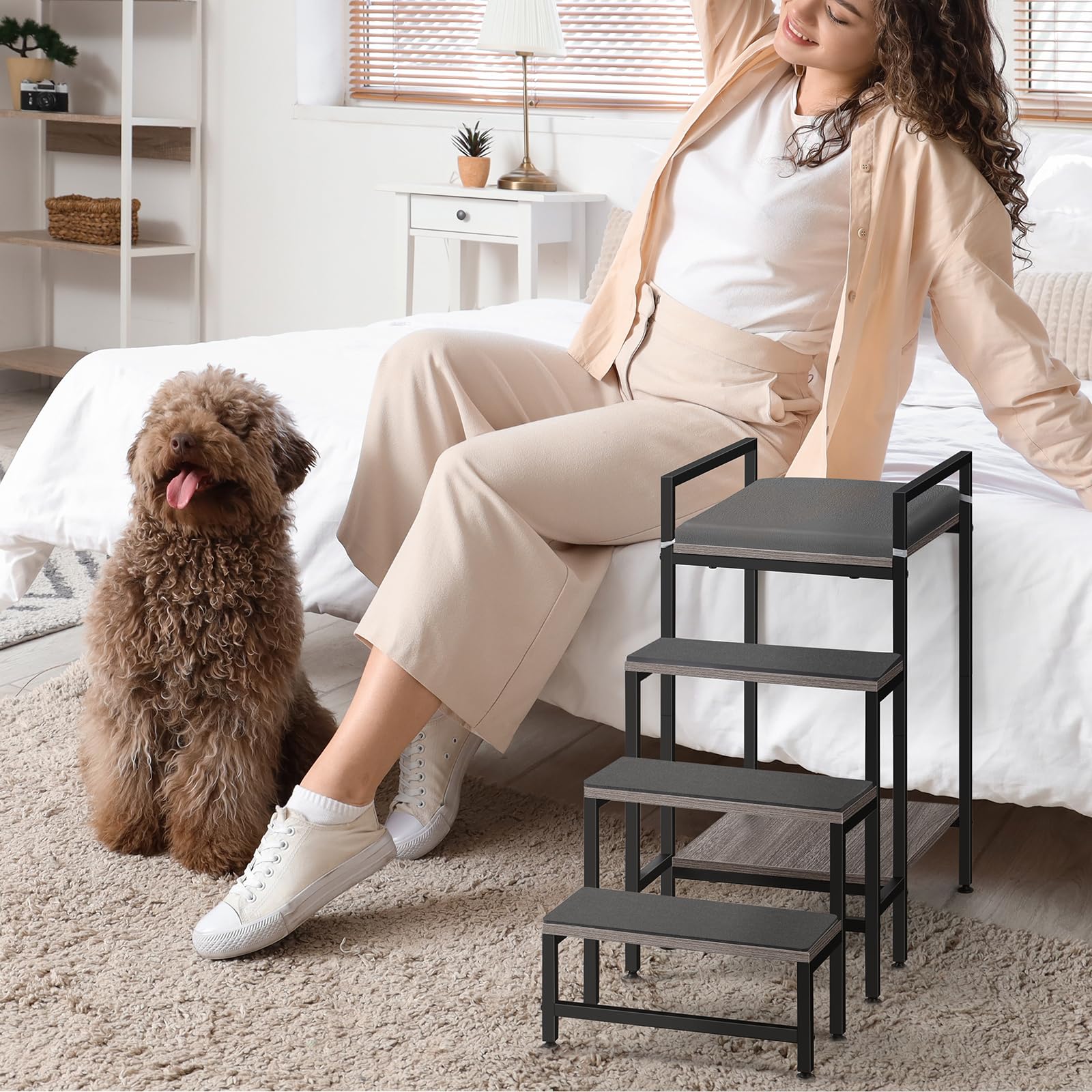 CADUKE Pet Window Perch with Stairs in a living room setup for lounging.