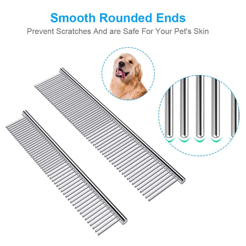Cafhelp stainless steel teeth on dog comb, durable grooming tool for mats and tangles.