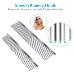 Cafhelp stainless steel teeth on dog comb, durable grooming tool for mats and tangles.