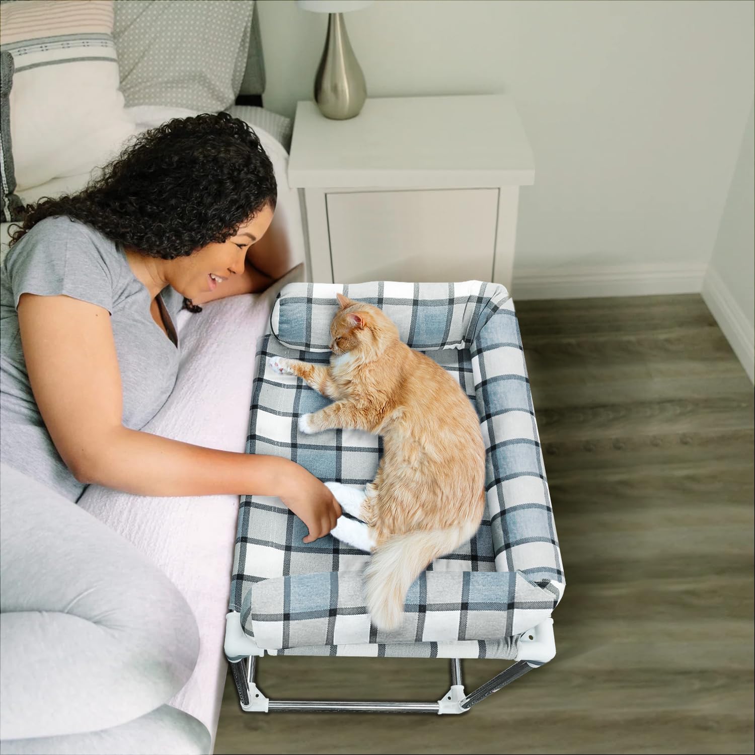 Caghash bedside cosleeper dog bed closeup with cradle pillow for snuggle-ready comfort