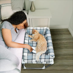 Caghash bedside cosleeper dog bed closeup with cradle pillow for snuggle-ready comfort