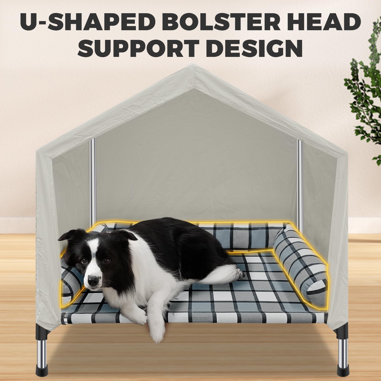Caghash Elevated Dog Bed House canopy image highlights shade and wind protection outdoors.