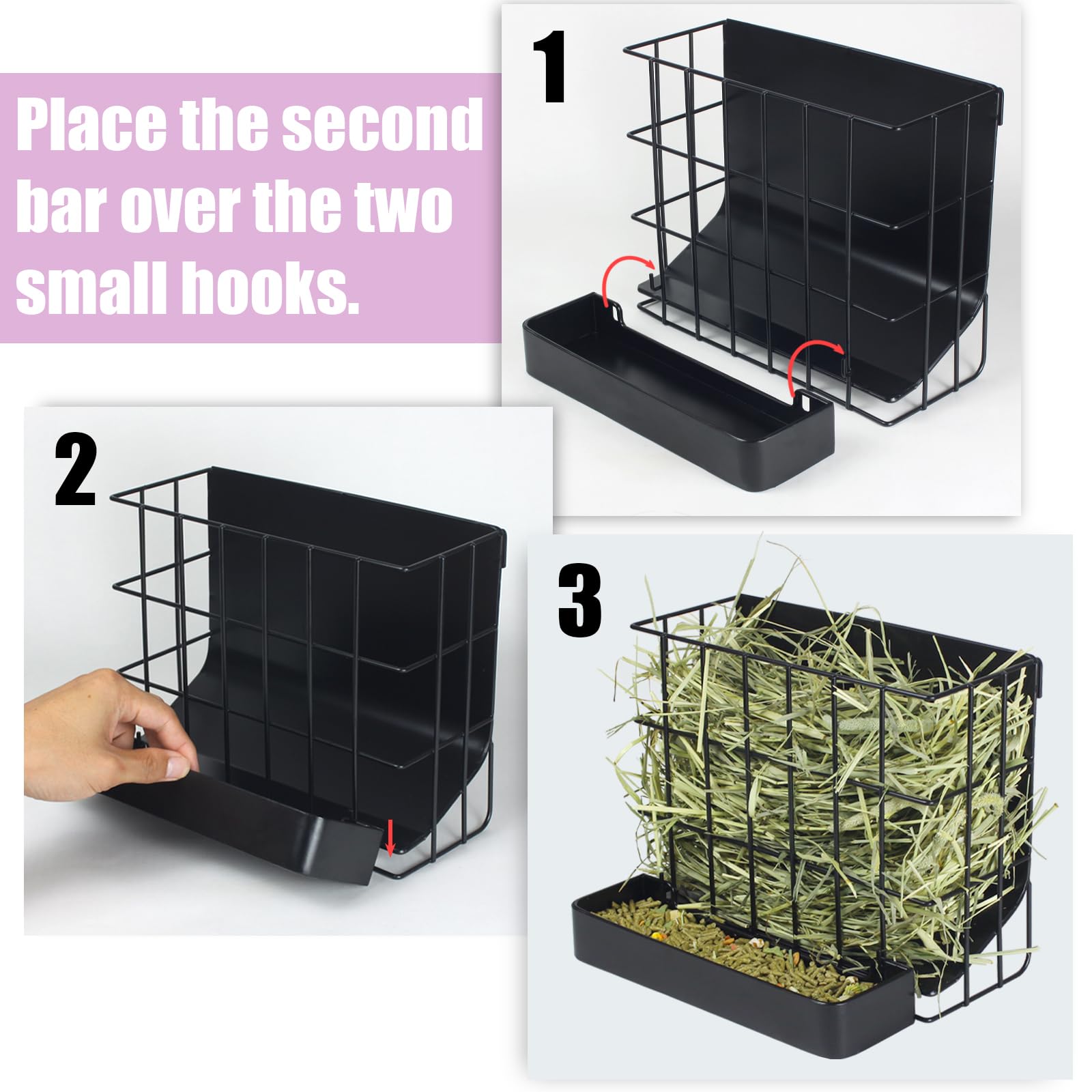 CAIQINLI hay feeder internal sloping guides hay forward for easier eating.