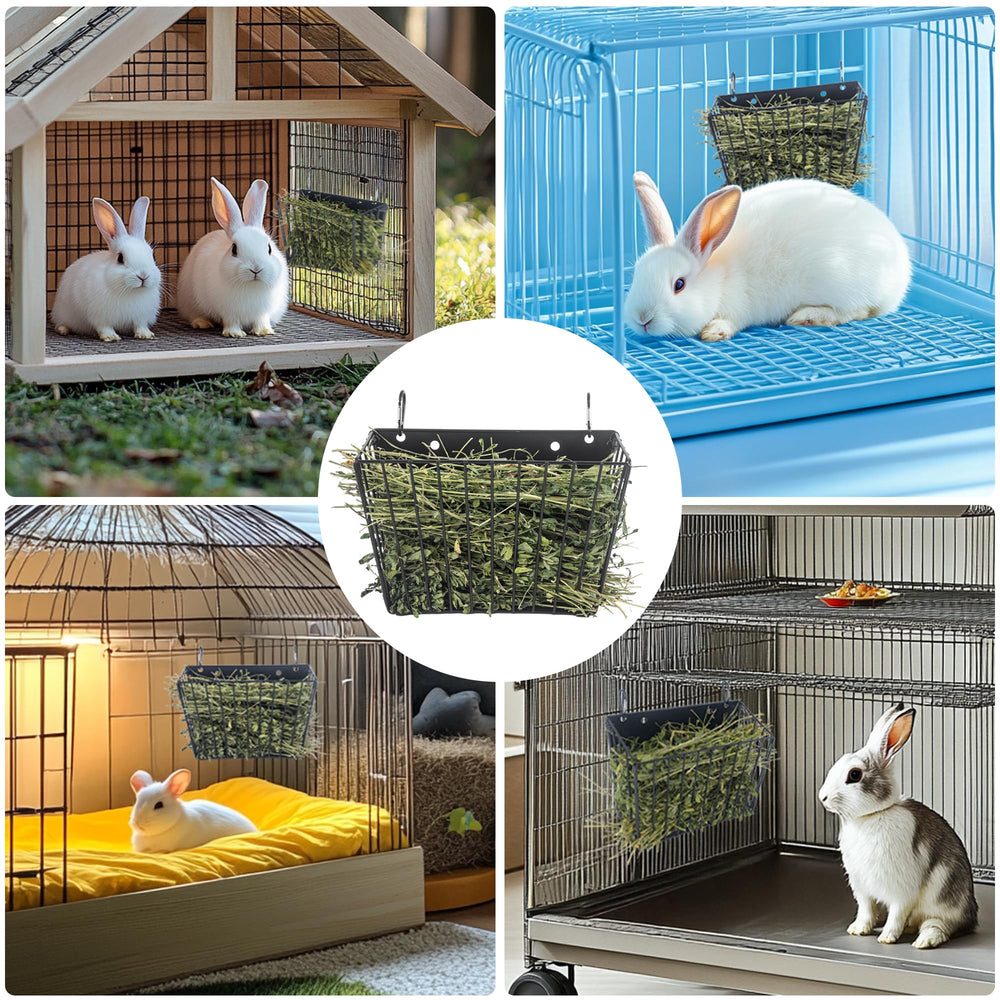 CAIQINLI Rabbit Hay Feeder mounted in cage keeps cage tidy.