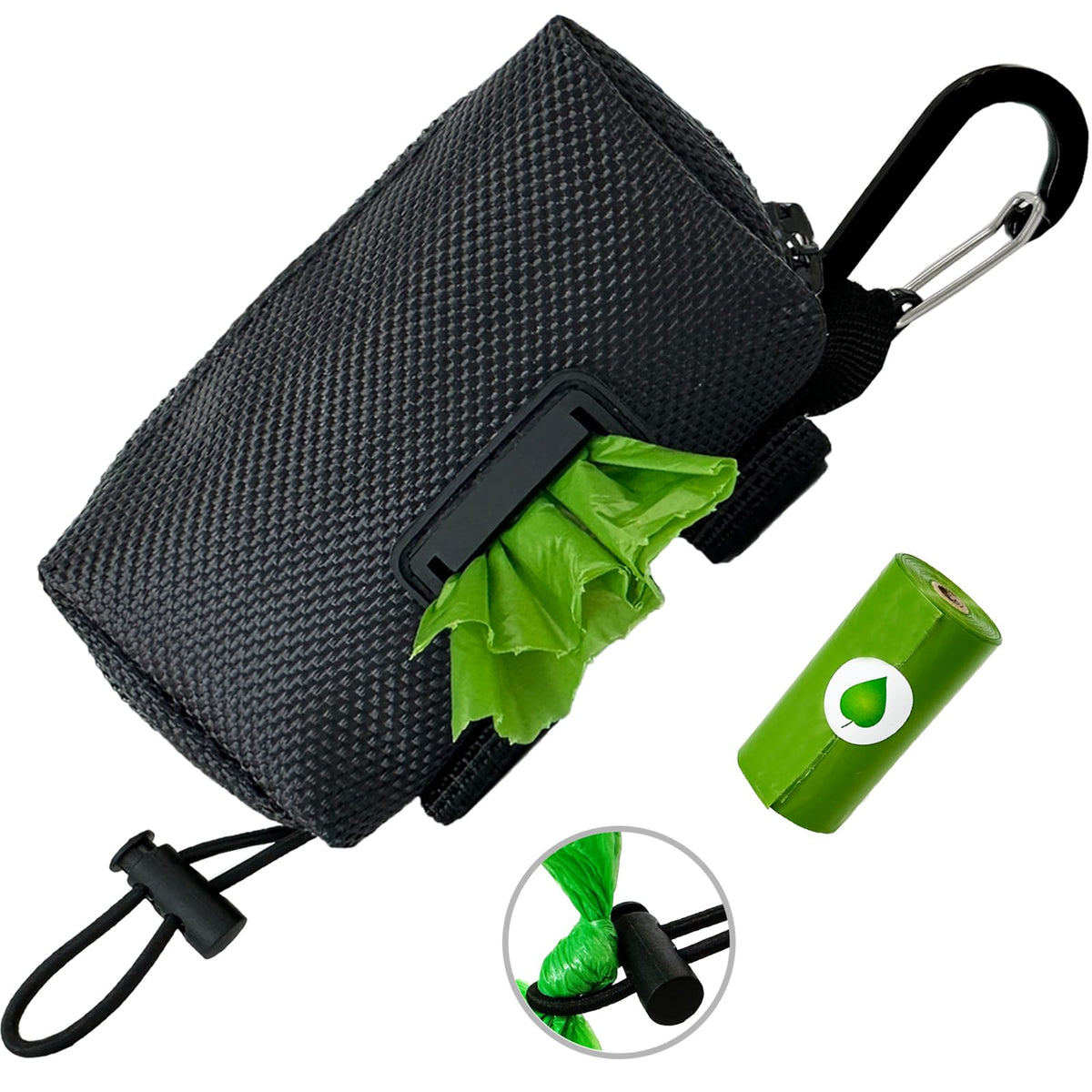CAKOVANO dog poop bag holder attached to leash with secure clip for easy access.