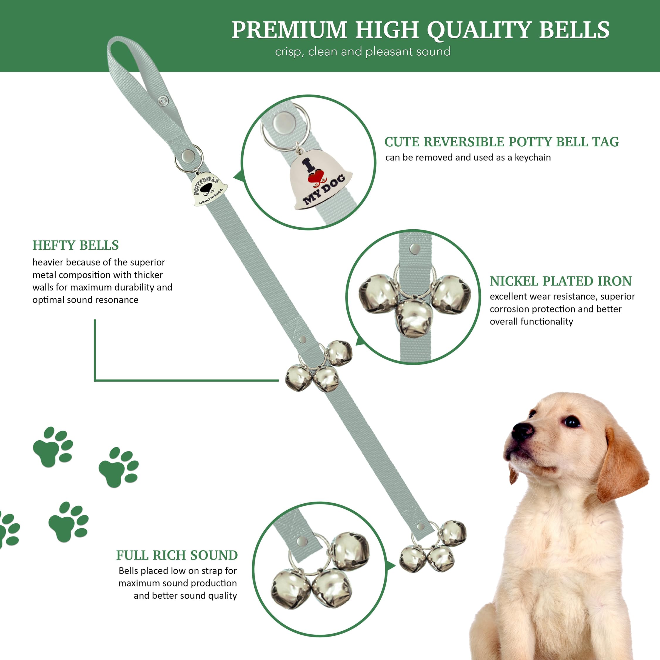 Caldwell's Pet Supply Co. dog-potty-bells-gray-door-hanging-setup shows simple doorway signaling for potty breaks.
