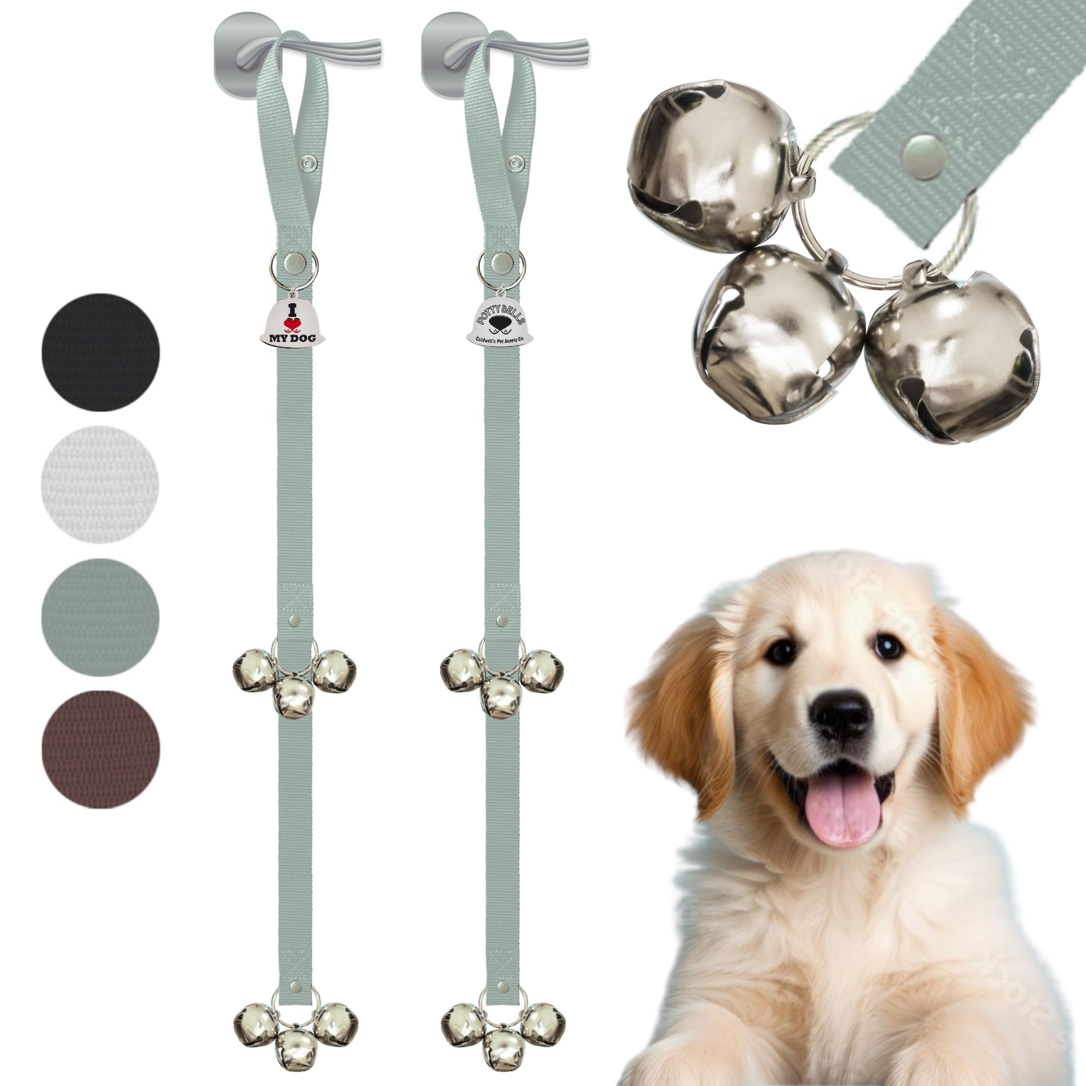 Caldwell's Pet Supply Co. dog potty bells gray set-2 front view demonstrates easy potty signaling for training.
