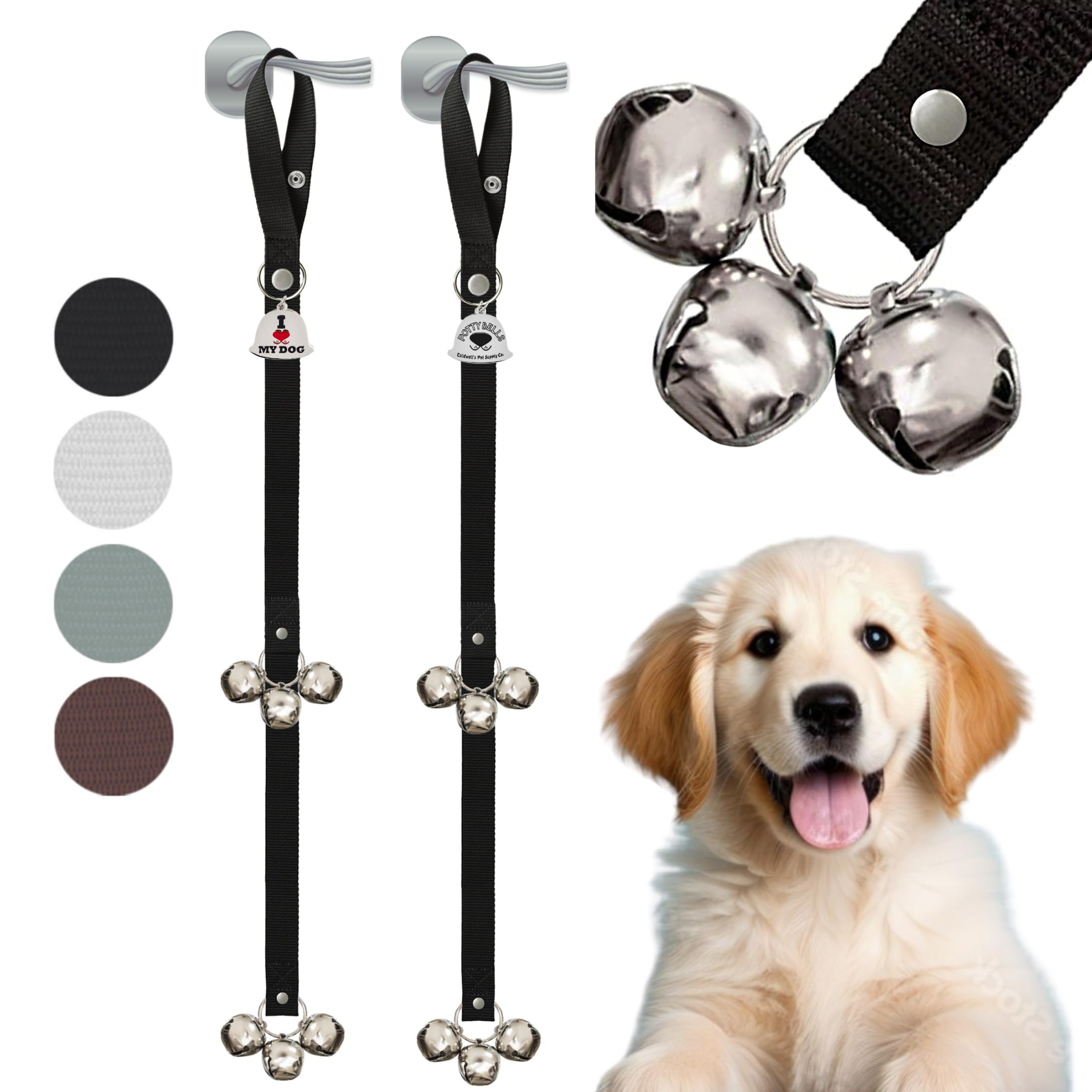 Caldwell's Potty Bells set of two hanging on door for easy puppy potty signaling.