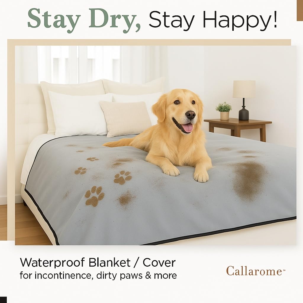 Callarome waterproof dog blanket bedside scene highlights bed protection from accidents