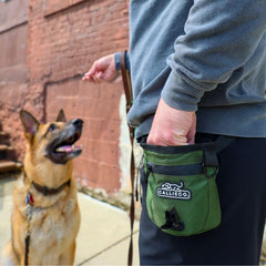 Callieco pouch worn on a slim waist belt during walks keeps treats handy