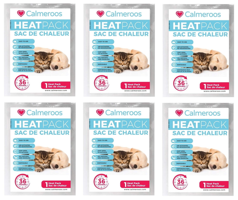 Calmeroos heat pack refill 6-pack packaging shows convenient air-activated warmth for pets.