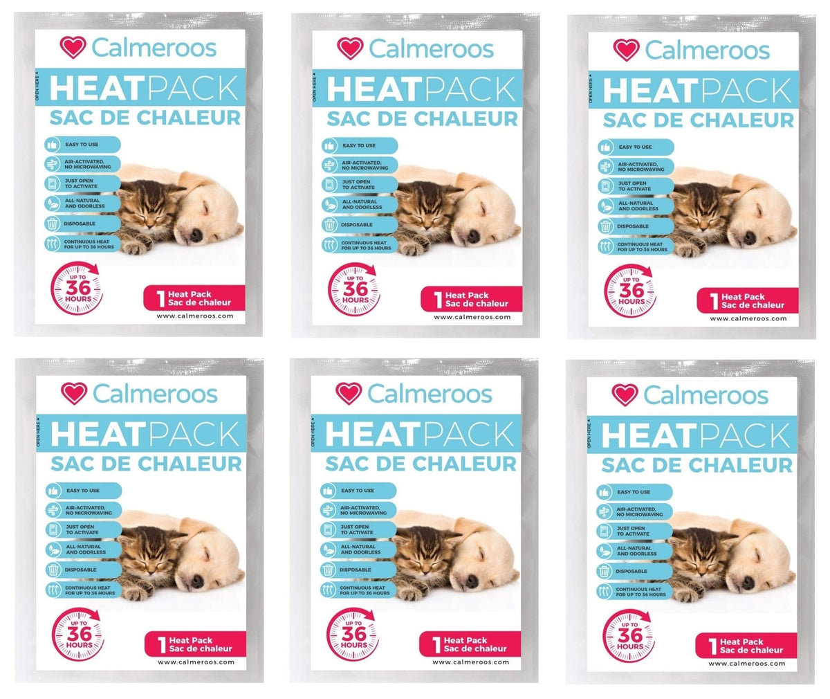 Calmeroos heat pack refill 6-pack packaging shows convenient air-activated warmth for pets.