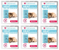 Calmeroos heat pack refill 6-pack packaging shows convenient air-activated warmth for pets.