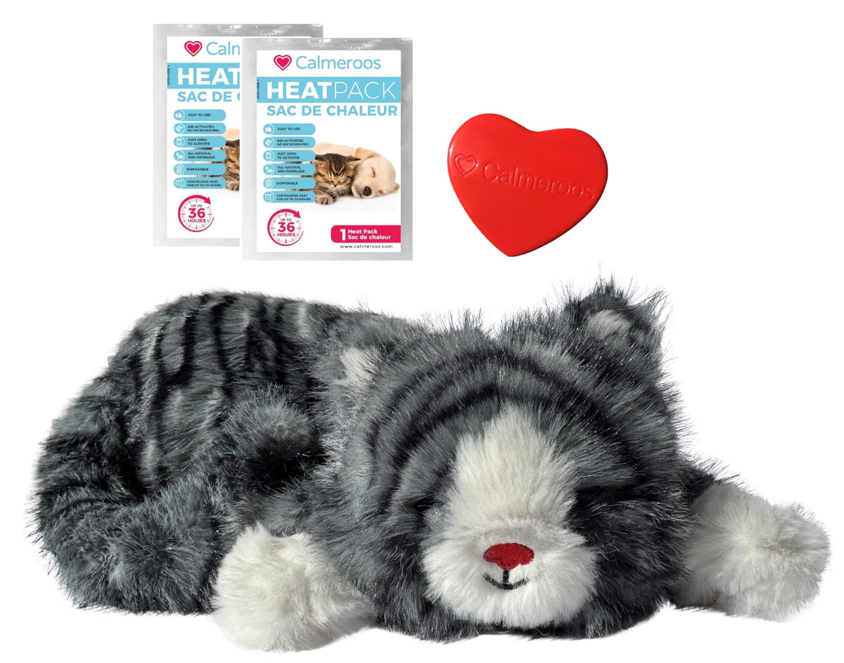 Calmeroos plush heartbeat grey stripe front view showing calming cuddle buddy