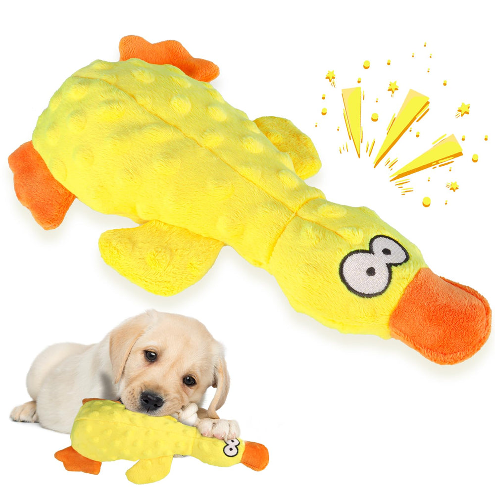 Calming Ducks Dog Toy front view in bright yellow promotes calming play and focus