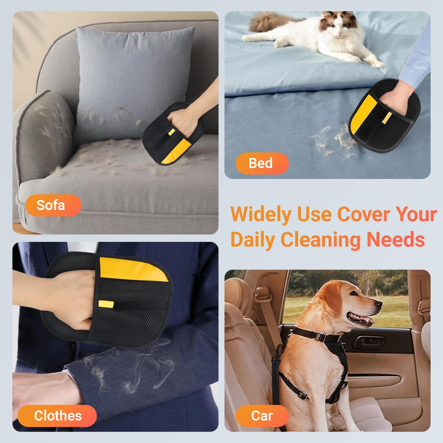 Calmorazen glove in car seat removing pet hair.