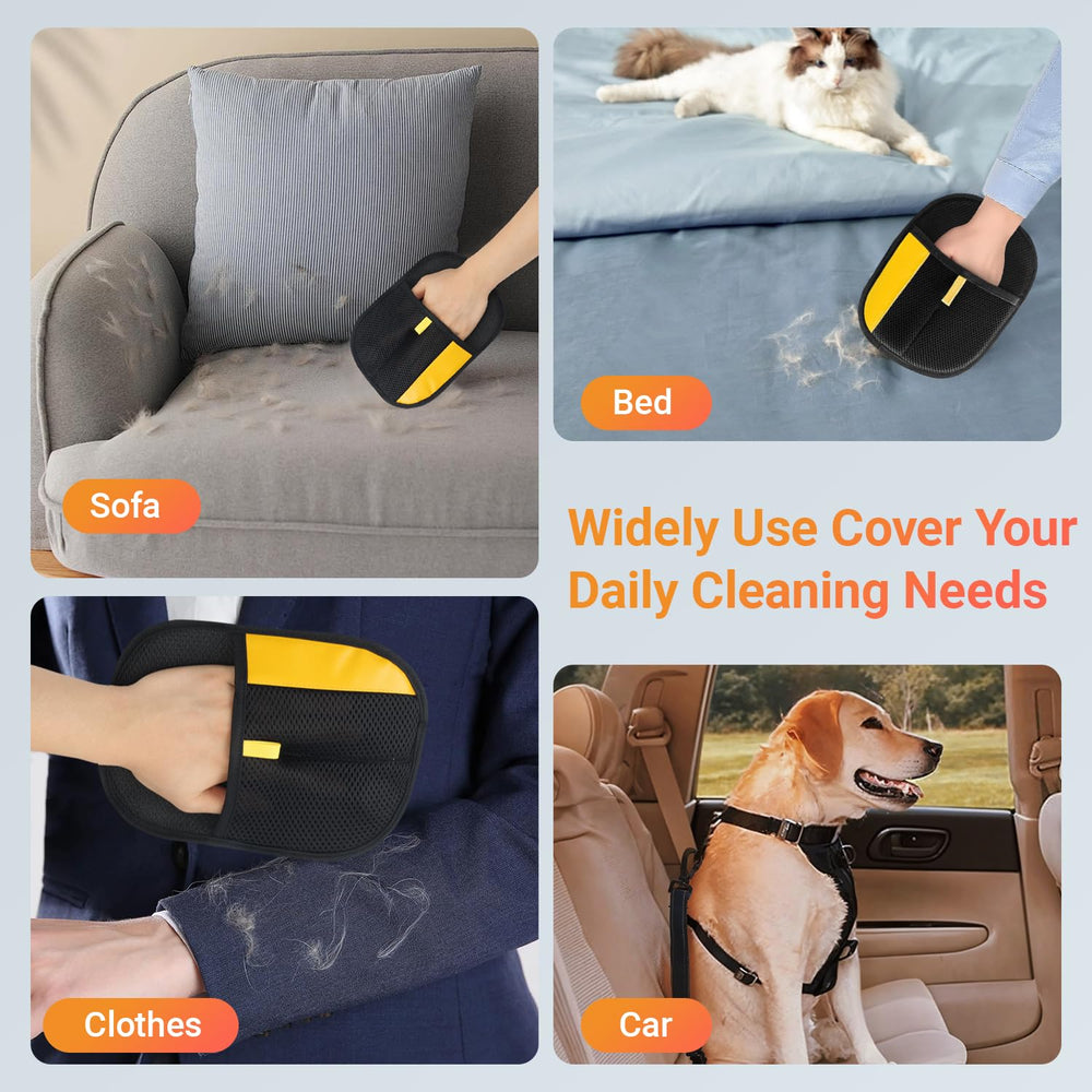 Calmorazen glove in car seat removing pet hair.