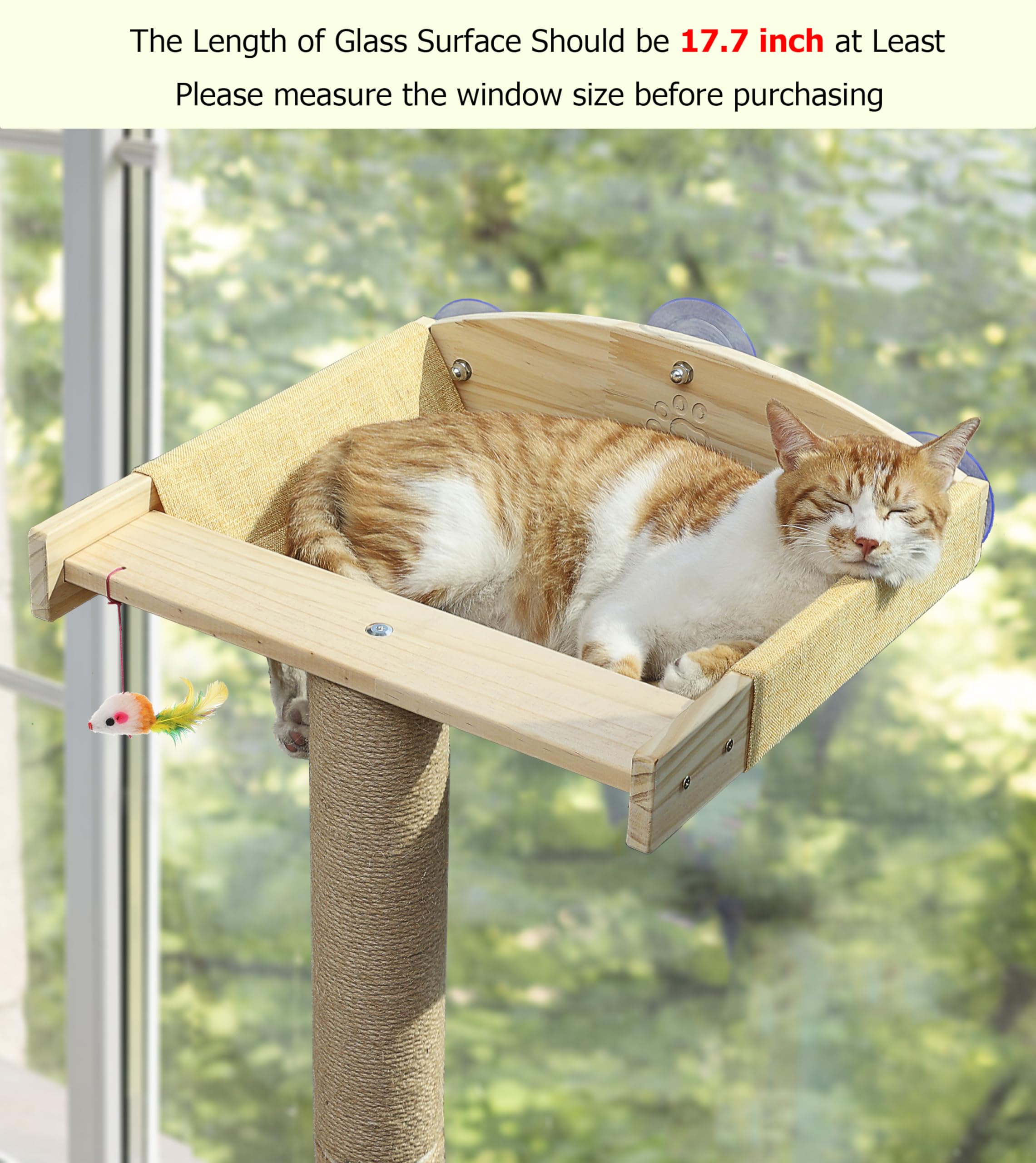 Caloreduce cat window perch with wooden frame offers a sturdy place to scratch and rest.