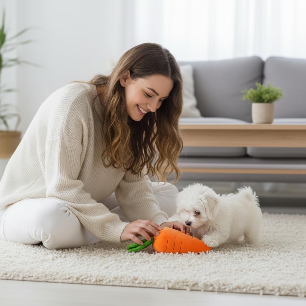 Calsgkspray carrot toy demonstrates crinkle sound appeal