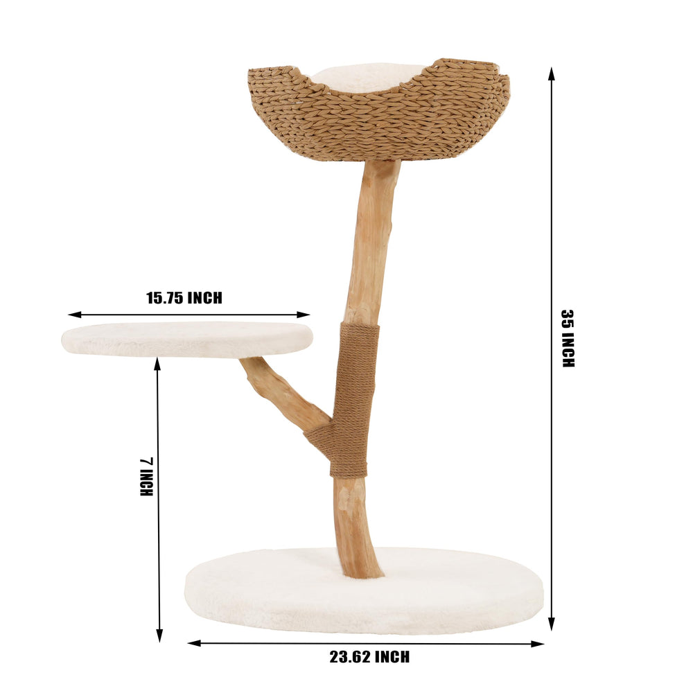 CAMTTIR cat tree features handwoven nest rattan for cozy lounging.