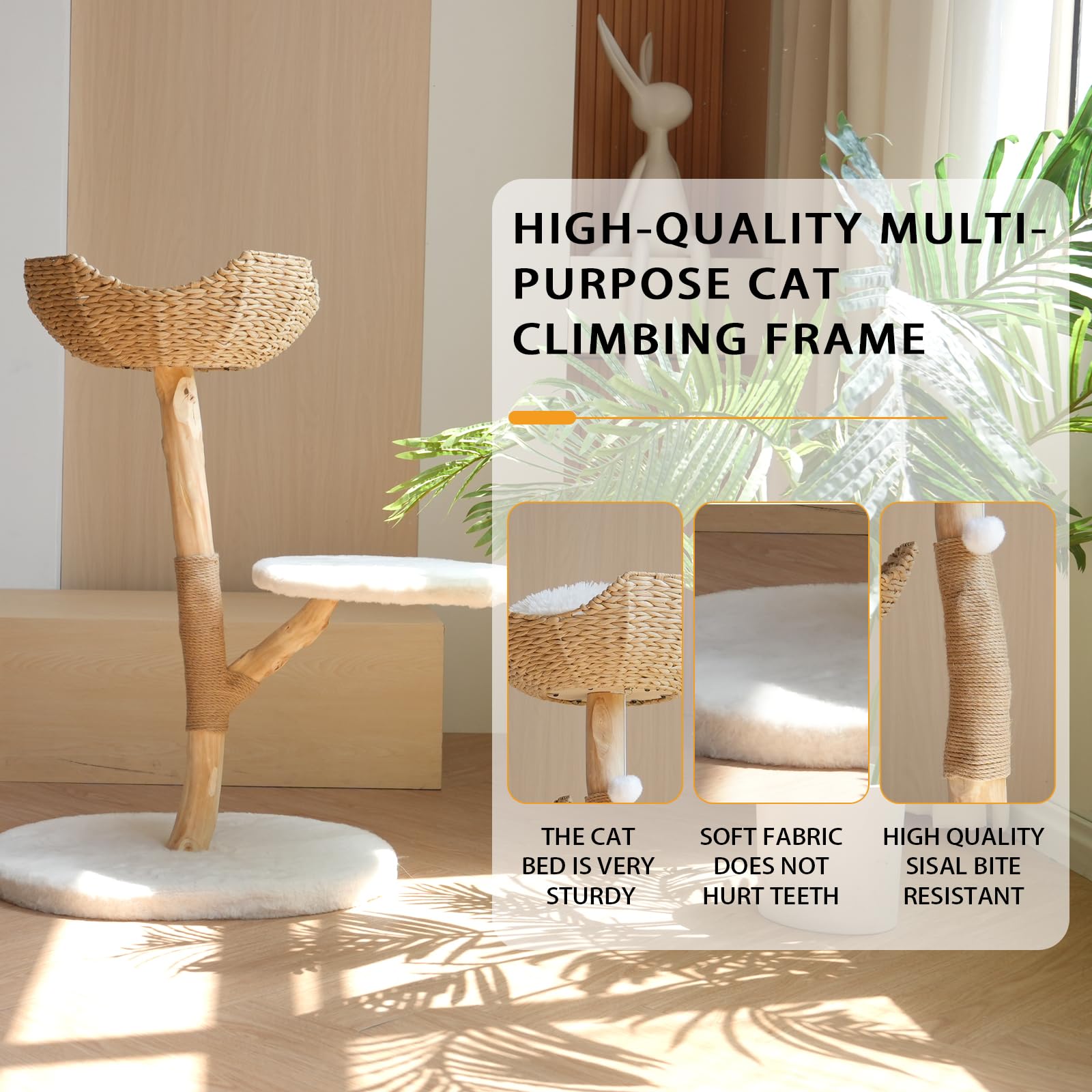 CAMTTIR cat tree highlights sisal scratching post for healthy claws.
