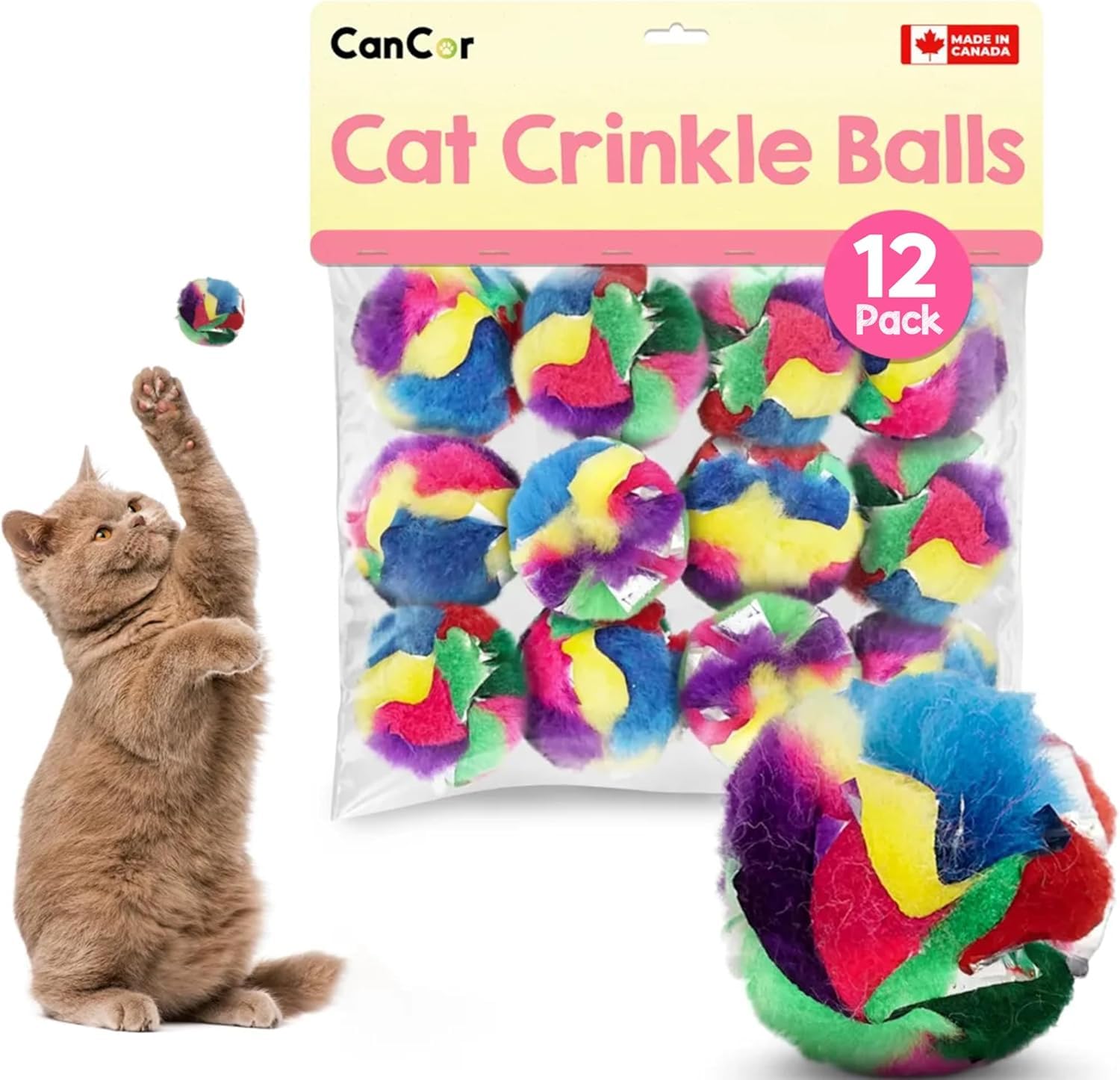 Cancor Innovations cat crinkle ball 1.5-inch pack ideal for indoor batting and chasing.