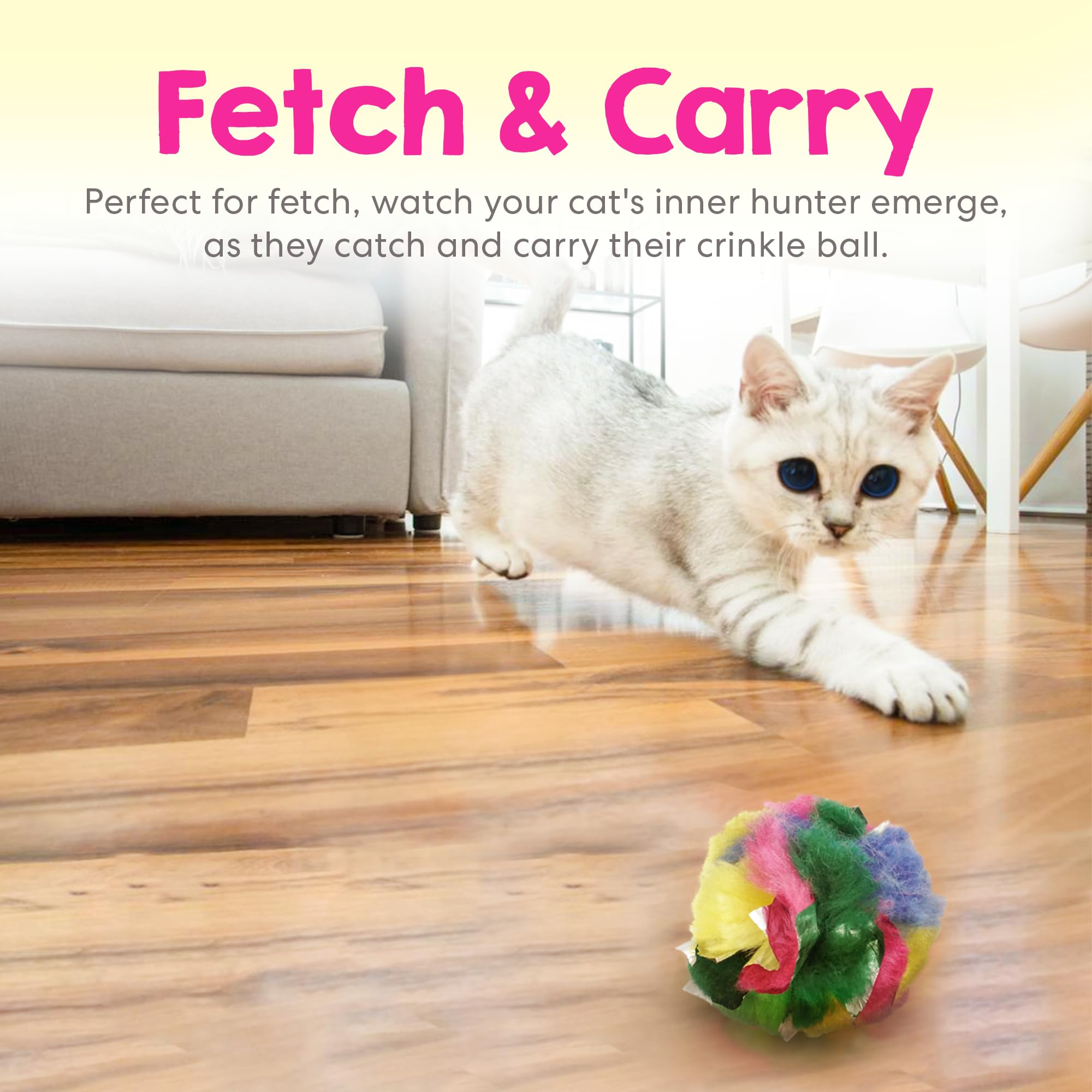 Cancor Innovations cat crinkle ball being batted shows lightweight solo or interactive play.