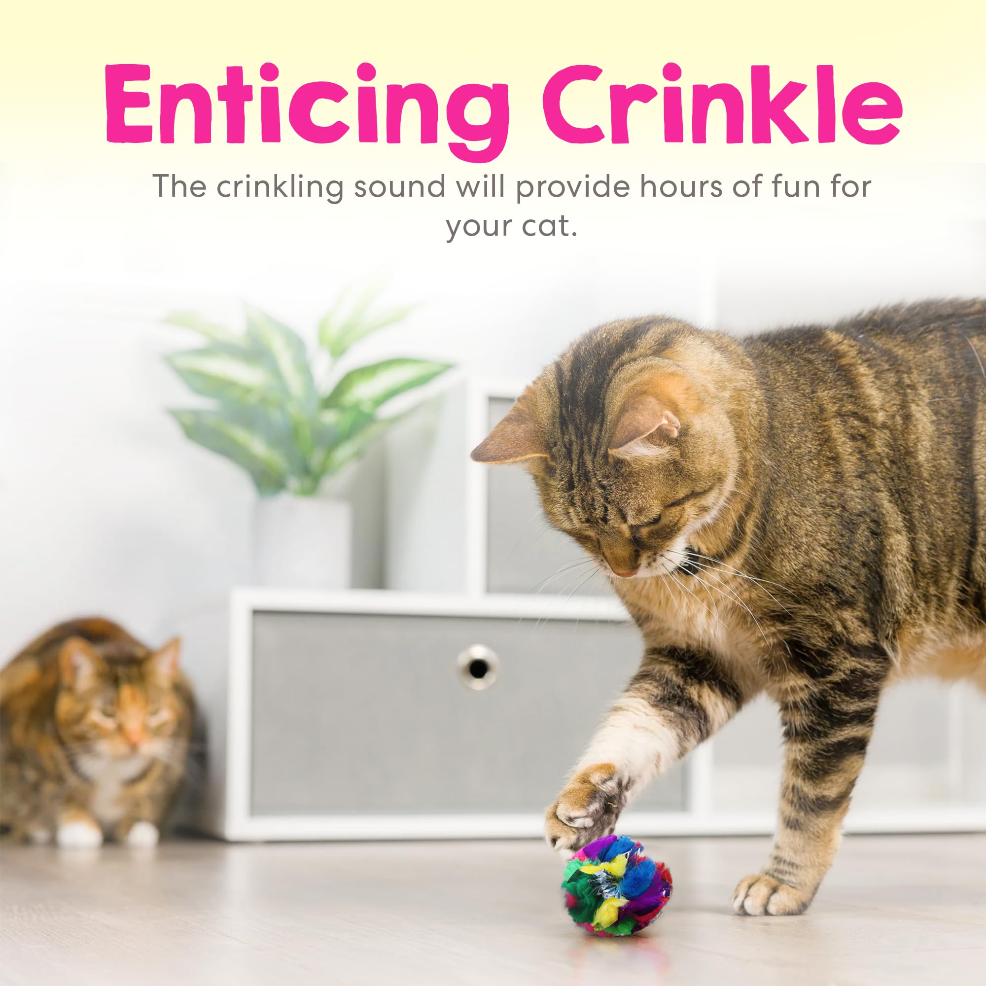 Cancor Innovations cat crinkle ball closeup tinsel highlights sparkling texture.
