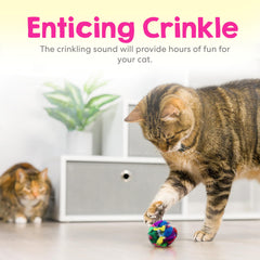 Cancor Innovations cat crinkle ball closeup highlights durable sparkling tinsel texture for play.