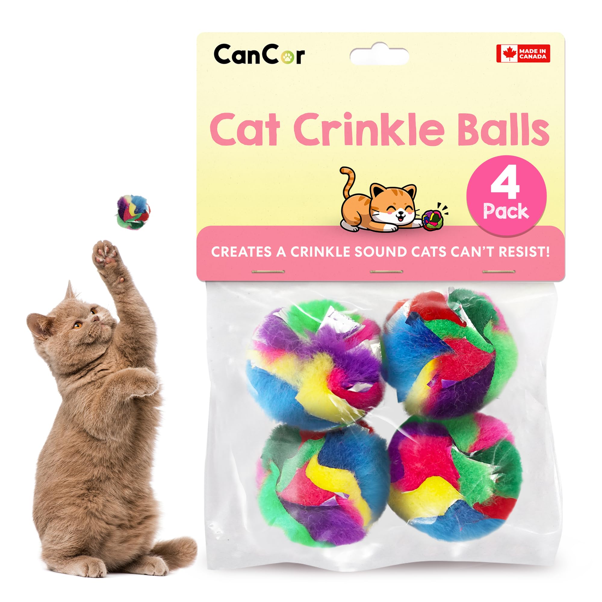 Cancor Innovations Cat Crinkle Ball pack shot shows 4-pack for indoor play and enrichment.