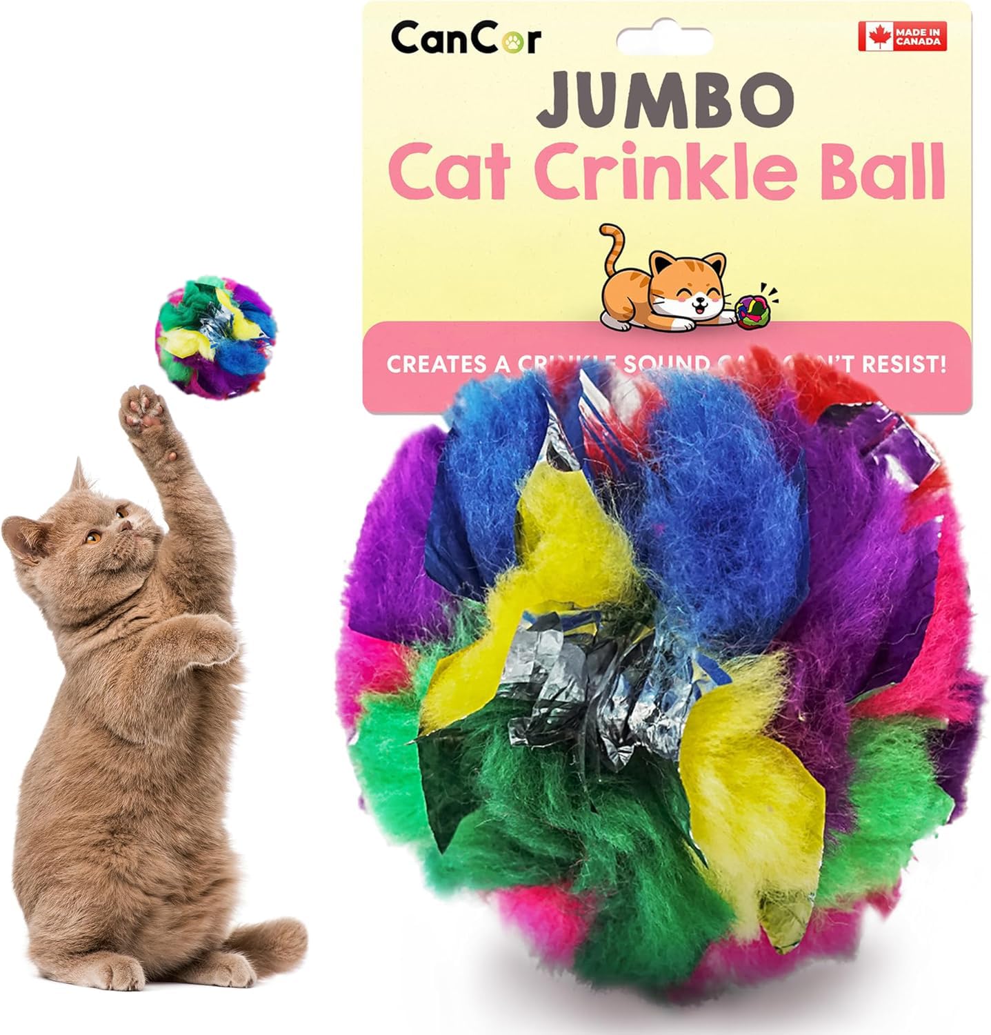 Cancor Innovations Jumbo Cat Crinkle Ball front view boosts visibility for chasing and interactive play
