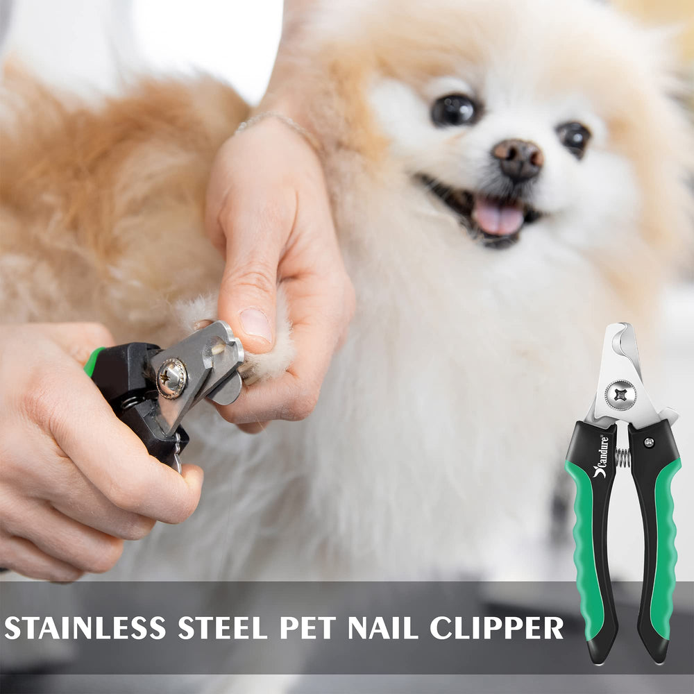 Candure dog nail clippers green in-use demonstrates secure controlled trimming.