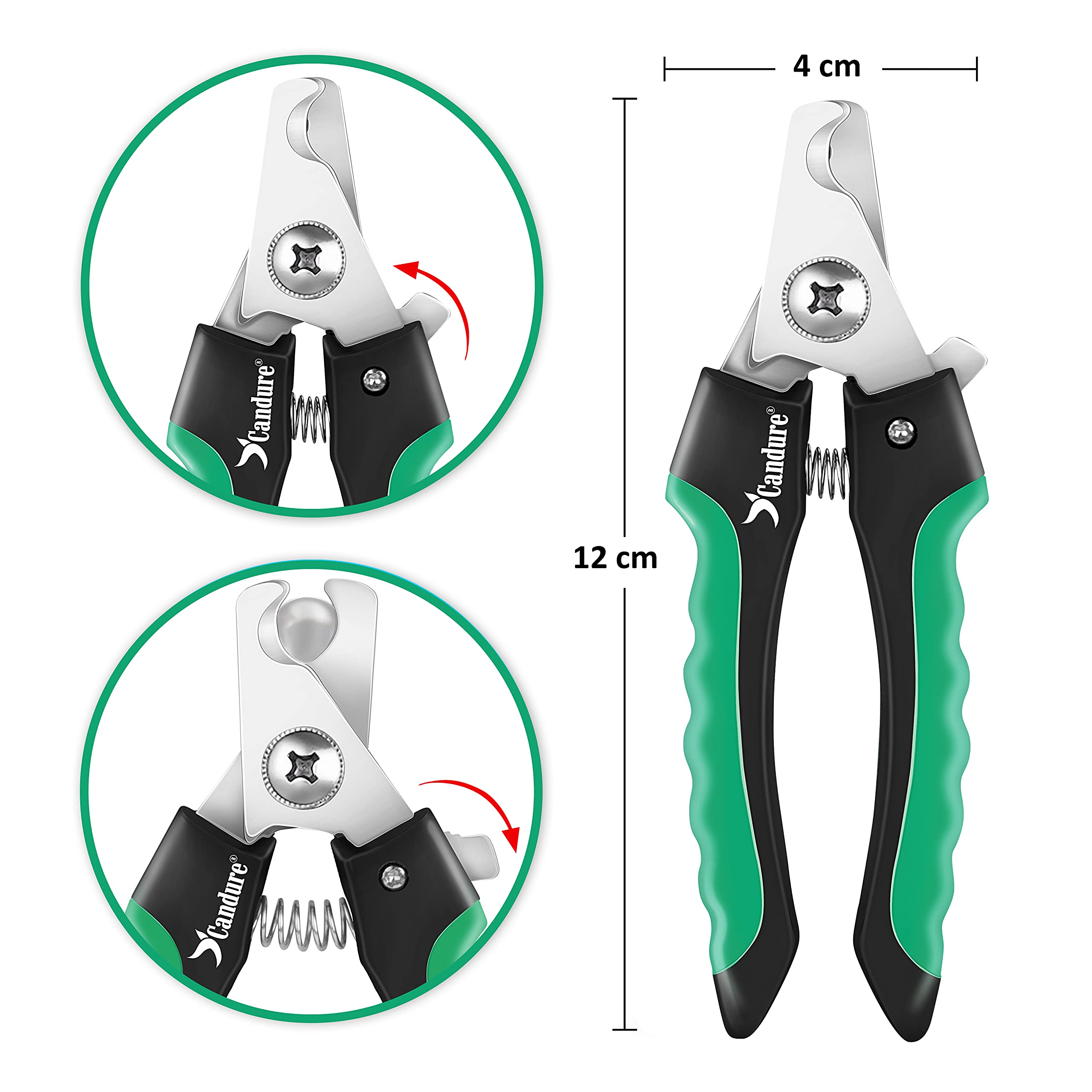 Candure dog nail clippers green with safety guard prevent over-cutting.