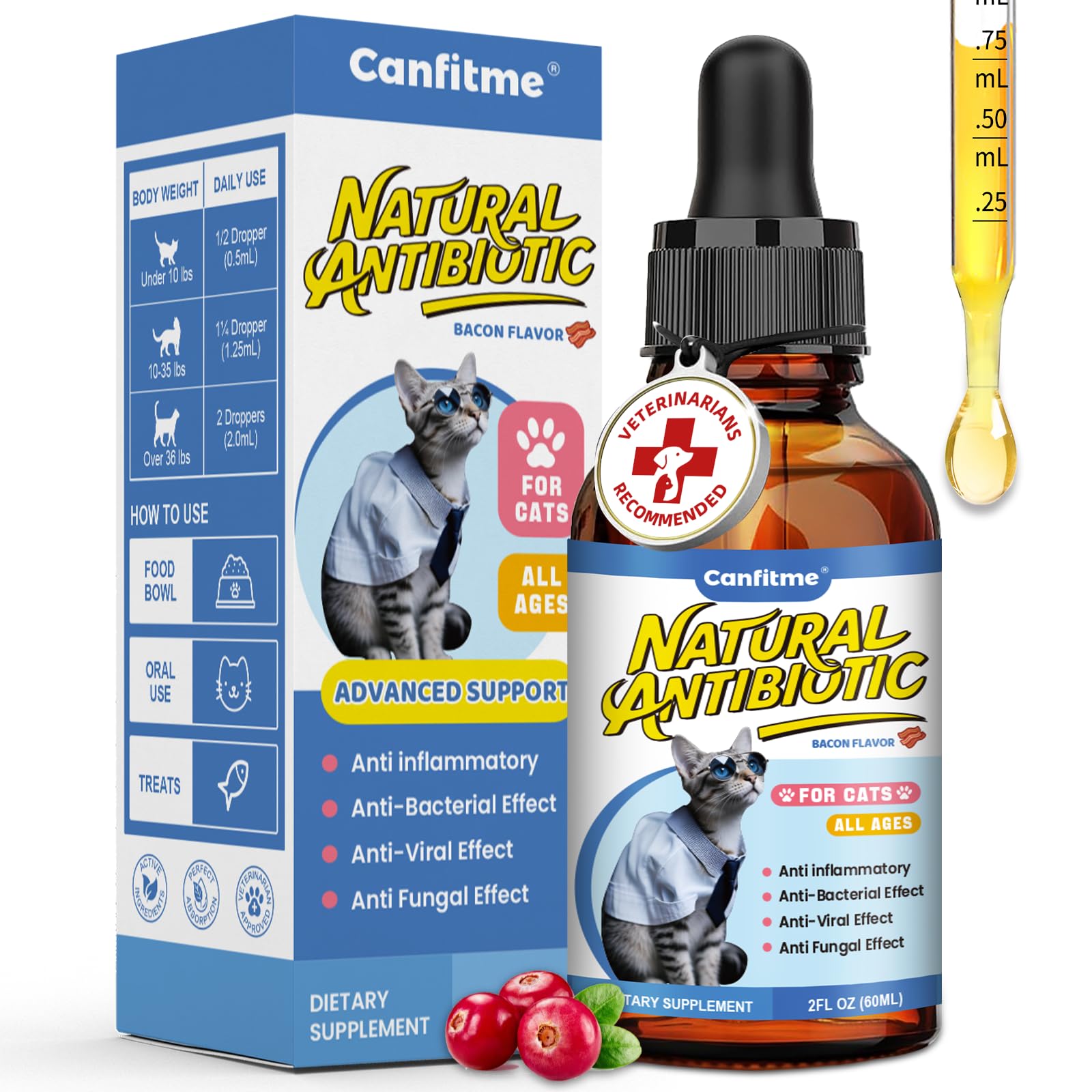 Canfitme Antibitics for Cats bottle front, signaling natural ingredients for immune support and overall health.