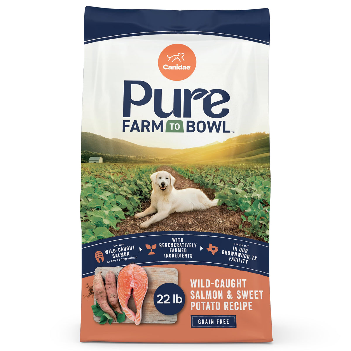 CANIDAE Pure Farm to Bowl bag shows grain-free salmon recipe for healthy coat