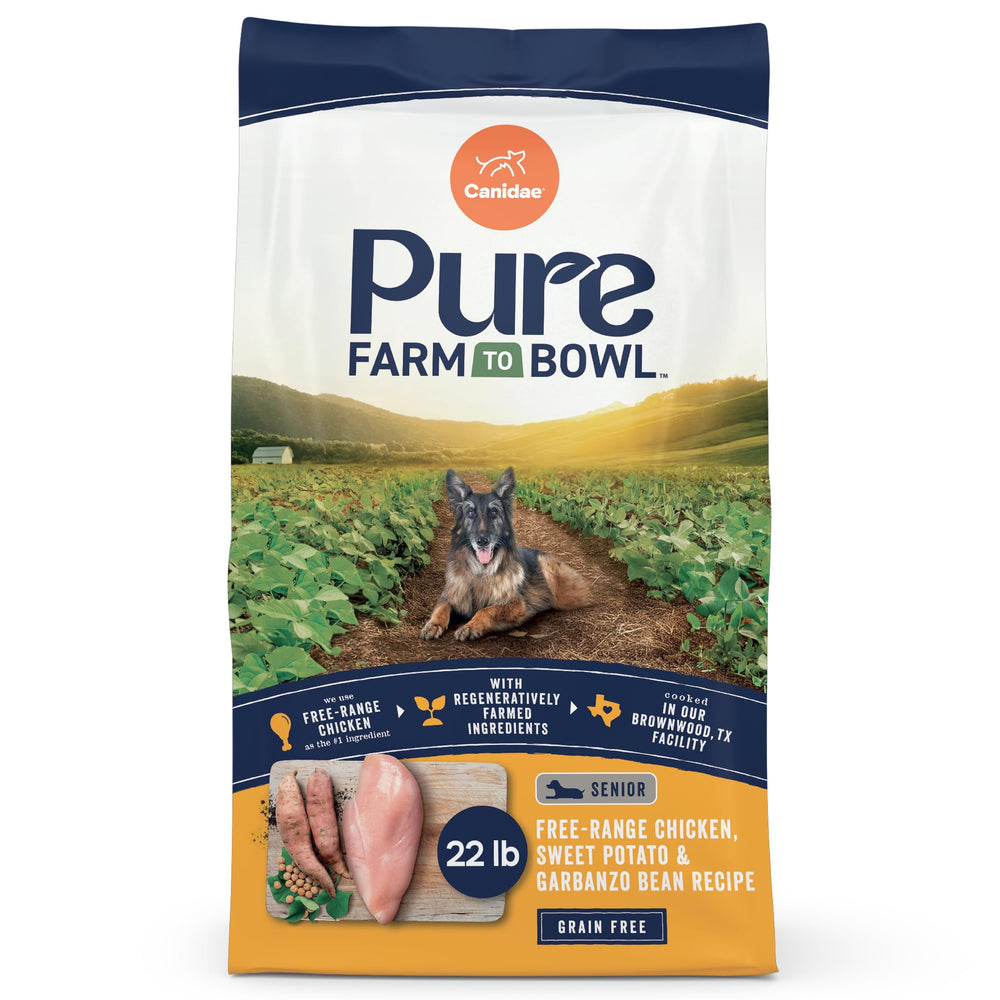 CANIDAE Pure Farm to Bowl packaging highlights free-range chicken for senior nutrition