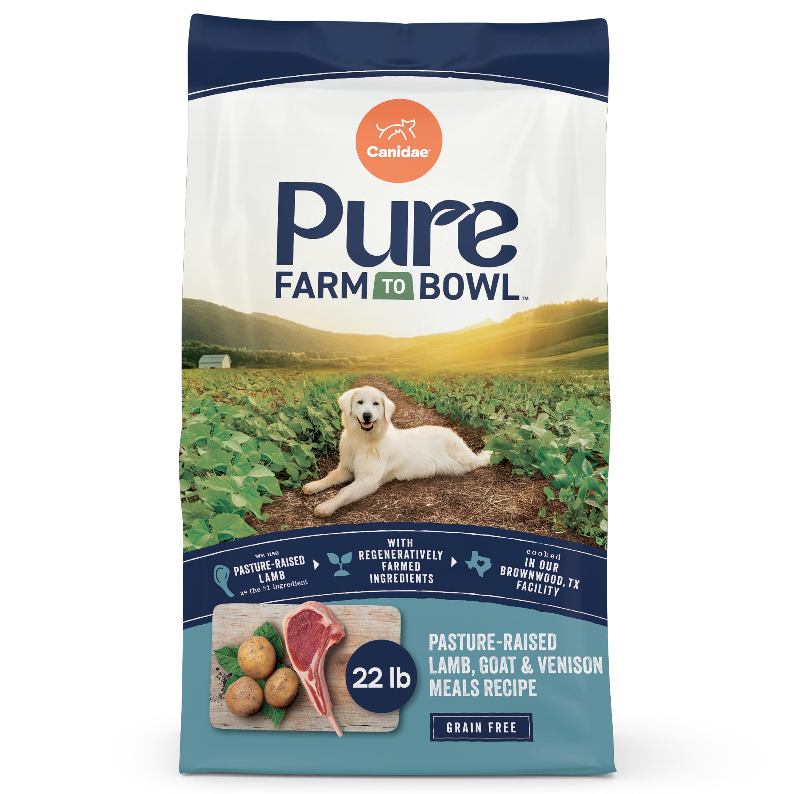 Canidae Pure Farm to Bowl bag open showing pasture-raised lamb kibble for everyday meals