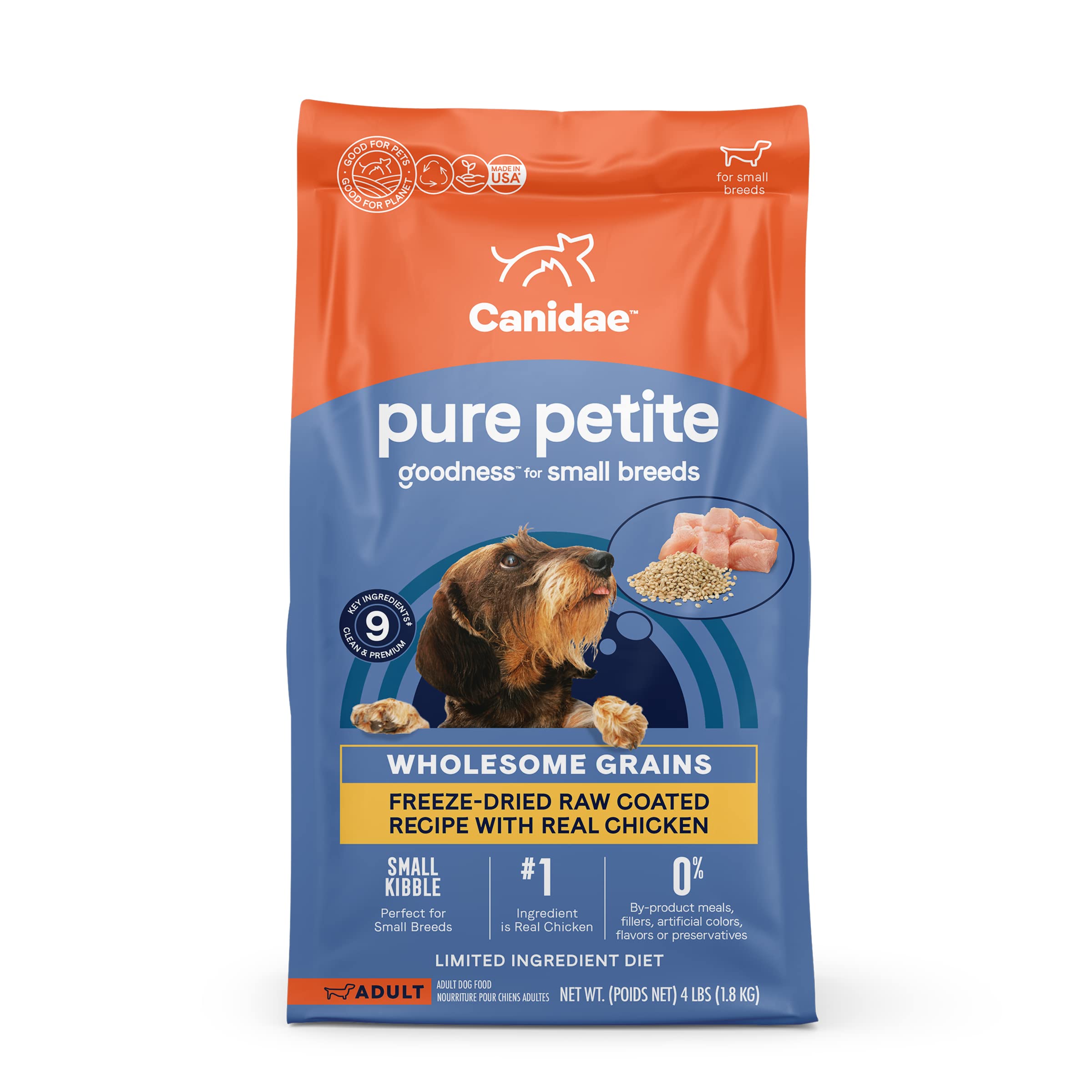 CANIDAE Pure Petite bag front, 4 lb small-breed formula for easy portioning