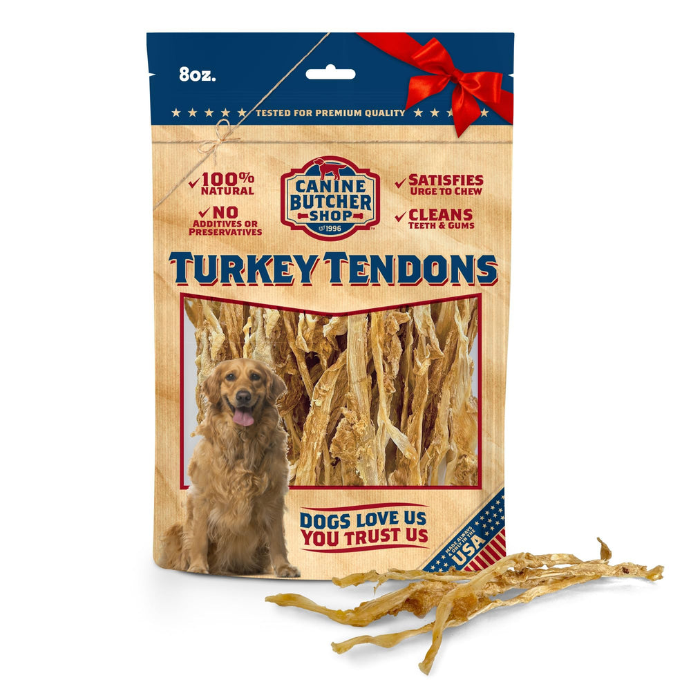 Canine Butcher Shop turkey tendons 8oz packshot highlight USA-sourced all-natural dog chew