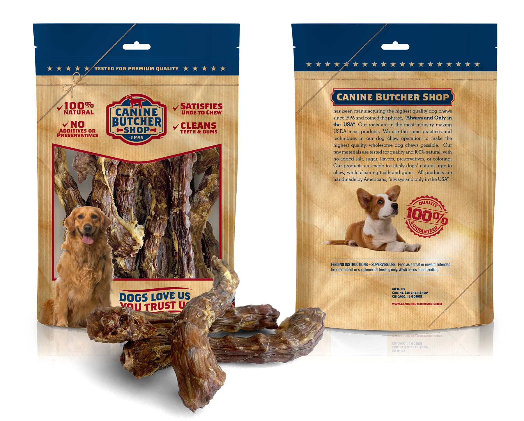 Natural single-ingredient Canine Butcher Shop duck neck illustration with zero additives.