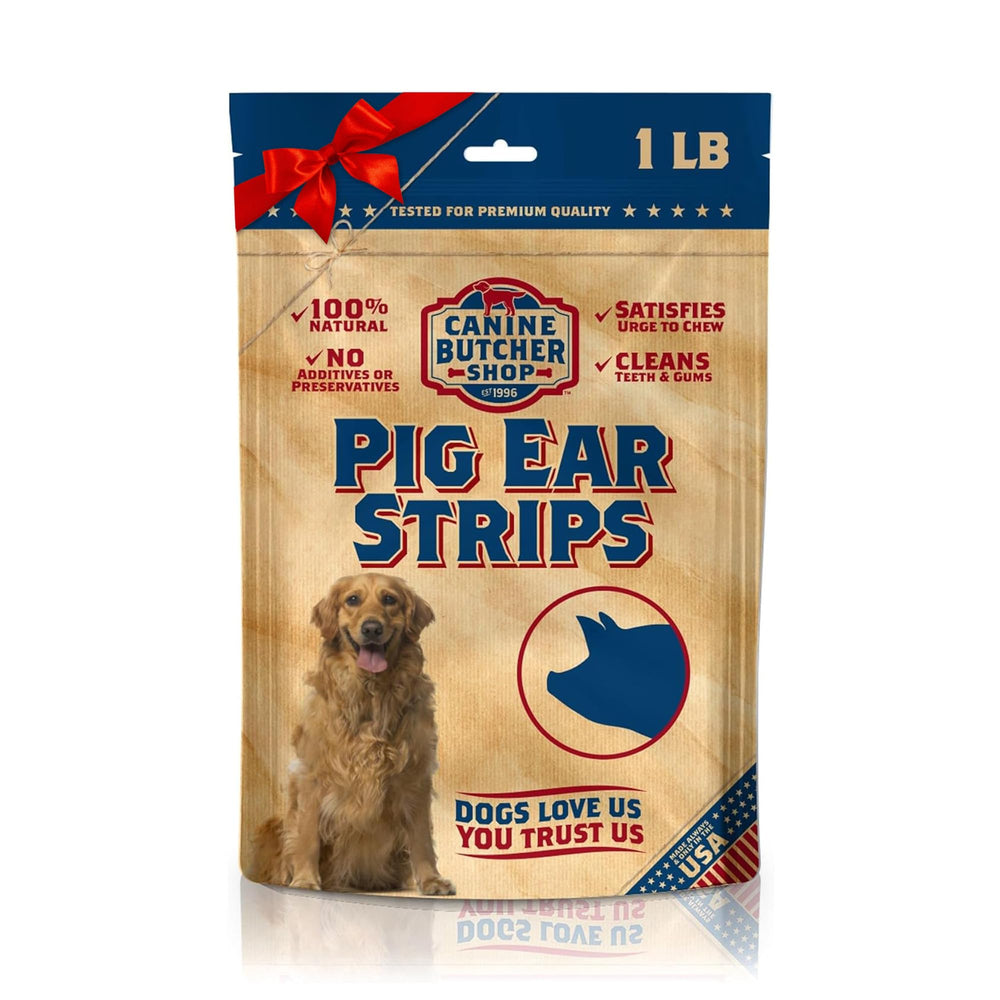 Canine Butcher Shop pig ears strips packaged for easy storage and long chew