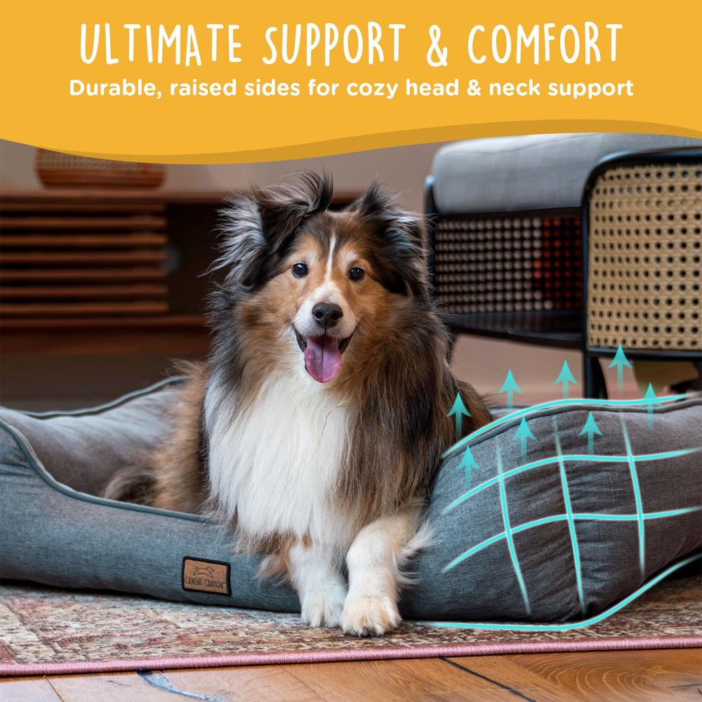 CANINE CANYON dog bed 31-5-inch side view shows raised sides for neck support.