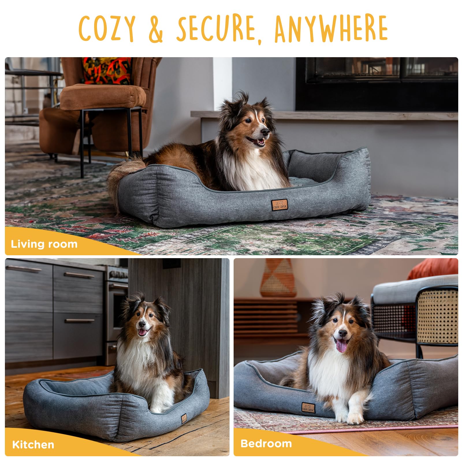 CANINE CANYON bed expands after unboxing, ready for cozy lounging.