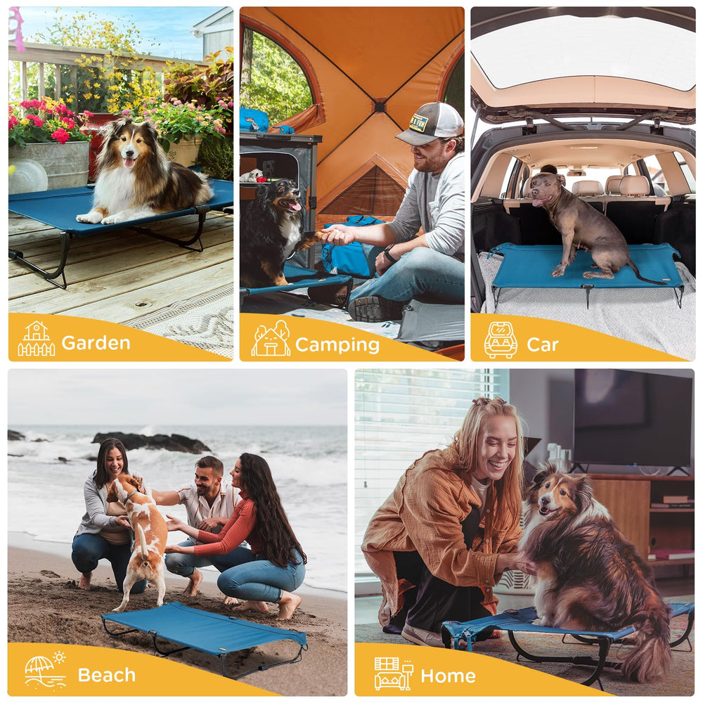 CANINE CANYON folding-raised-dog-bed ideal for camping and home use.