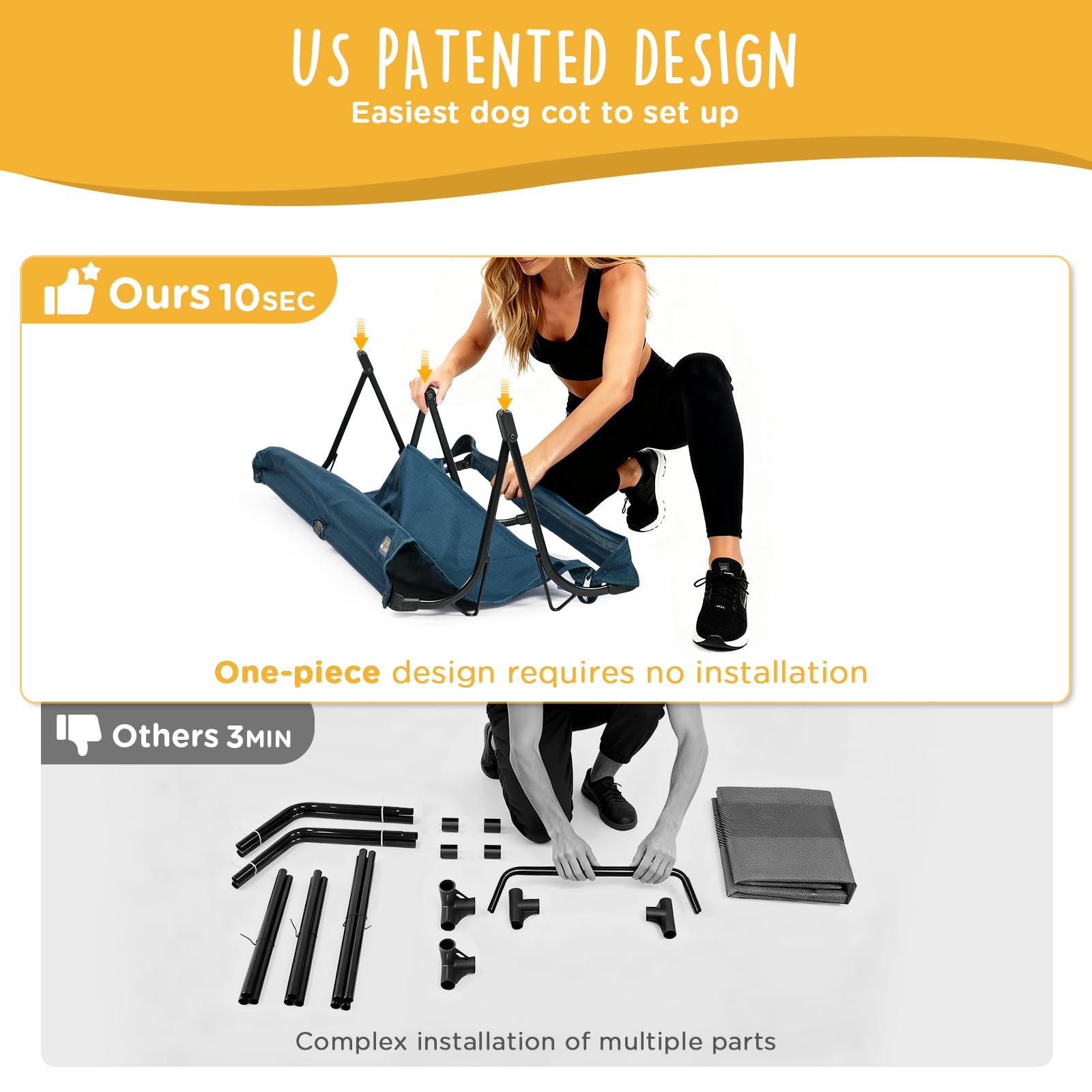 CANINE CANYON folding-raised-dog-bed outdoors with a resting dog on the cot.